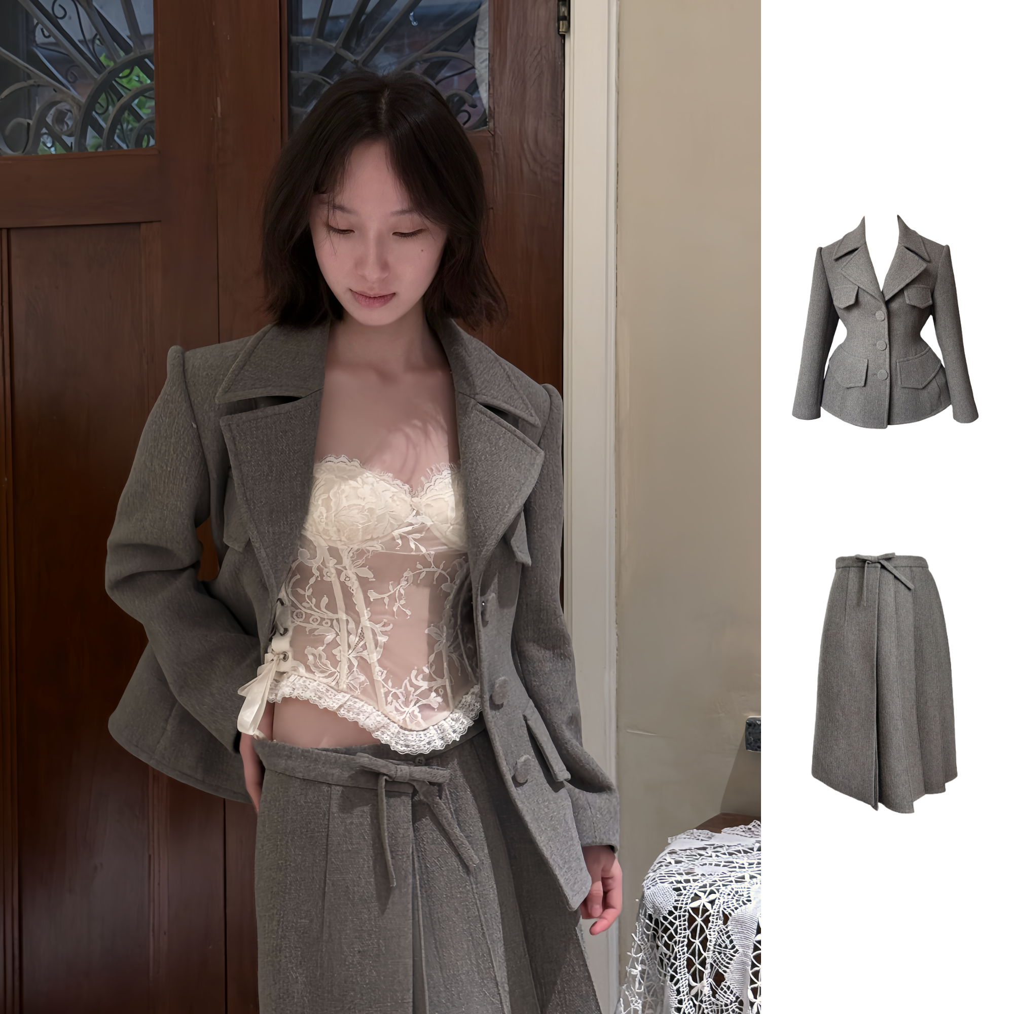 Deplumer灰色收腰小西装外套女+搭片百褶半身裙套装搭配围巾