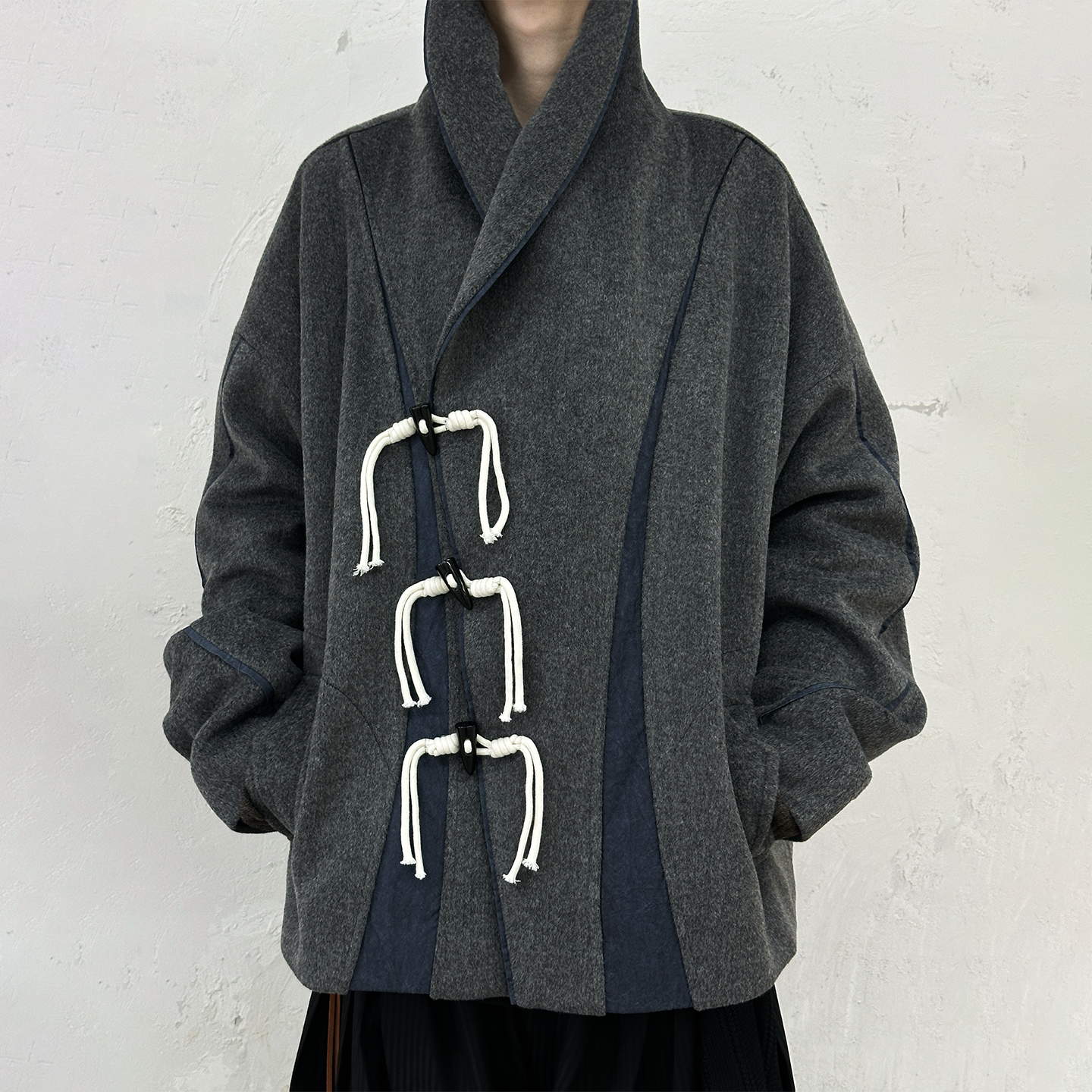 RELABEL(EVENT)羊毛呢海岸线改版拼接解构翻领改良大衣夹克外套