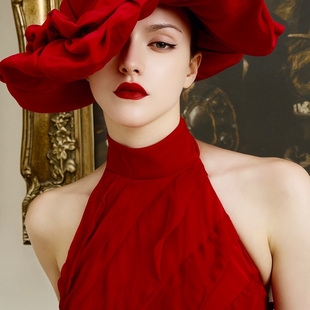 Tsuki曙月 挂脖露背荷叶边蛋糕裙度假礼服气质晚宴裙 勃艮第红