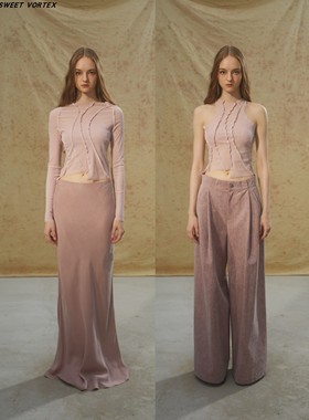 Deplumer 24SS 裸粉色/烟紫色半透纱长袖/挖肩无袖上衣+鱼尾半裙