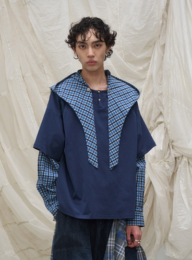 RELABEL 蓝色拼接假两件肌理格纹可拆帽多穿法立体衬衫