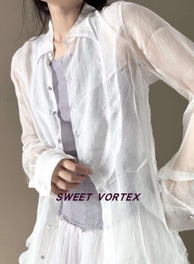 「5折」Marc Lebihan 黑色/白色透纱长袖衬衫