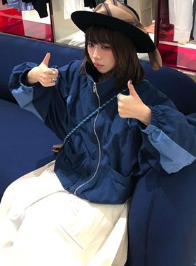 RELABEL 蛹· 结痂 蓝色拼接半高立领蝙蝠袖廓形印花外套