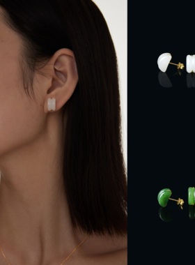 L'ELEMENTO 高珠款 新中式「傍竹」和田白玉/和田碧玉18K金耳钉