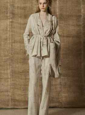 「SV现货」Mutedance 25SS 脏白色石榴纹图案系带衬衫+细格纹长裤