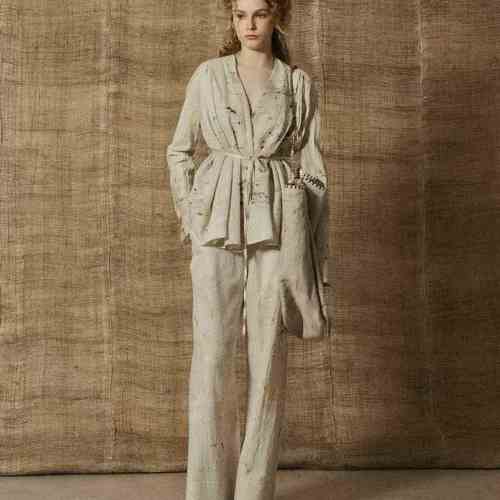 「SV现货」Mutedance 25SS 脏白色石榴纹图案系带衬衫+细格纹长裤