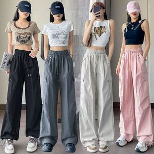 美拉德工装裤女夏薄款裤子学生宽松显瘦百搭直筒休闲阔腿束脚长裤