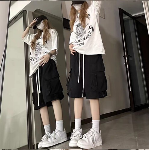 hiphop美式街头工装裤女高腰五分裤宽松显瘦多口袋休闲抽绳短裤子