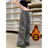 女复古hiphop潮牌高街嘻哈爵士舞运动休闲束脚长裤 灰色加绒工装 裤