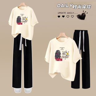 初中学生夏季女装套装纯棉短袖t恤2026年新款高中生阔腿裤两件套