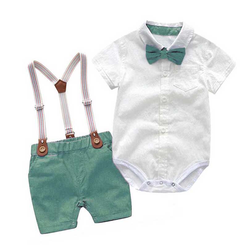 婴儿帅气夏装男宝宝英伦风纯棉套装领结背带裤绅士百天1岁抓周服