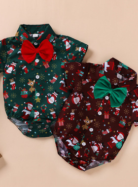 圣诞节婴儿哈衣宝宝帅气领结短袖连体爬服Baby Christmas clothes
