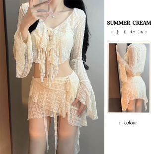 2024新款 蕾丝泳衣四件套气质性感纯欲风小胸聚拢度假比基尼女 长袖