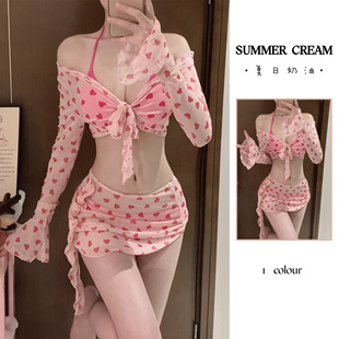2024新款 温泉度假比基尼纯欲 夏粉红少女四件套泳衣女分体绑带裙式