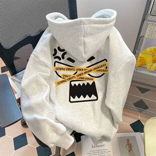 银狐绒韩版潮流发怒表情印花连帽卫衣男女宽松百搭秋冬季加绒外套