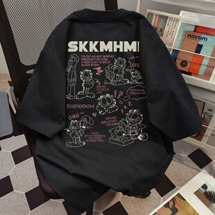 ins夏季 T恤情侣装 休闲宽松上衣男 街头卡通加菲猫短袖 重磅纯棉韩版