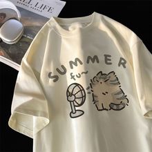 打底衫 t恤男女宽松夏季 ins休闲洋气半袖 重磅纯棉卡通小猫印花短袖