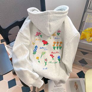 银狐绒韩版彩色花卉印花连帽卫衣男女秋冬百搭ins宽松学院风外套