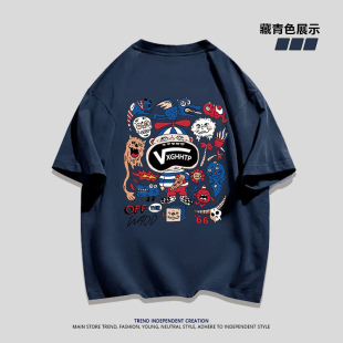 宽松休闲上衣男女 ins夏季 重磅纯棉日系复古搞怪印花短袖 t恤情侣装