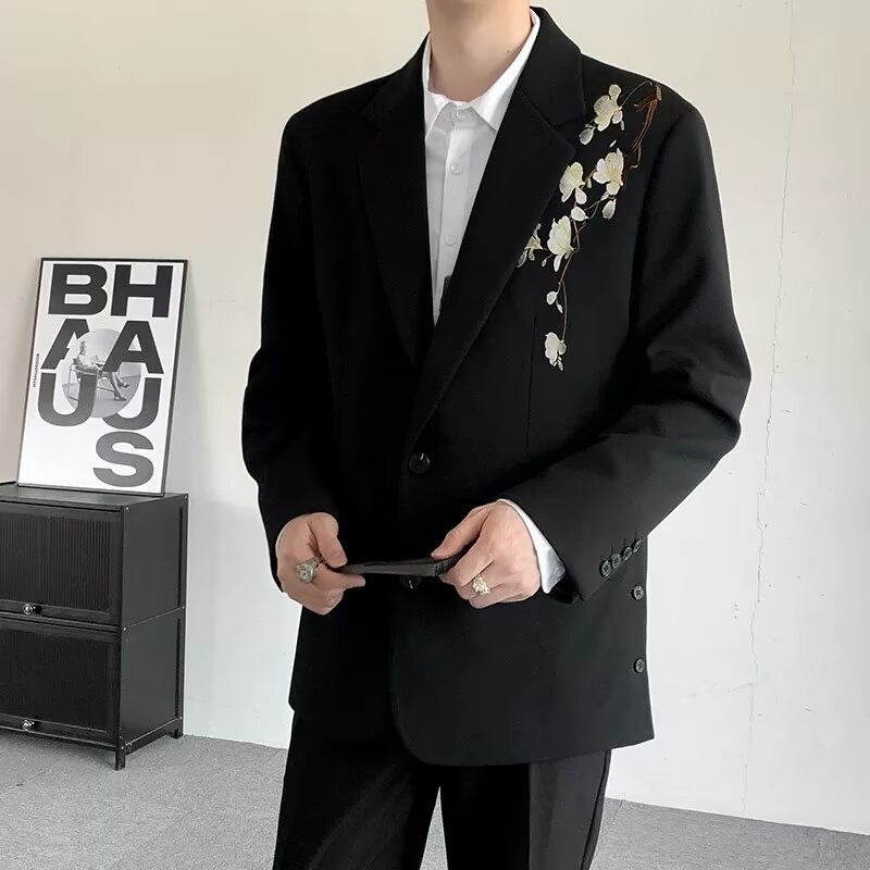 黑色花卉刺绣新中式轻国风上衣立领西装外套男cleanfit中山装西服