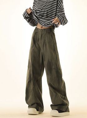 ORDERSTAGE美式复古水洗做旧弯刀工装裤女vintage宽松阔腿长裤潮