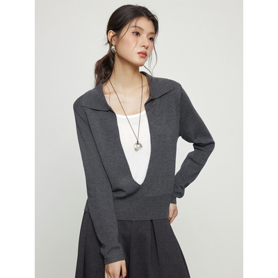 秋冬灰色短款修身翻领针织开衫女