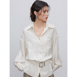 新款 女冬季 爆款 米色条法式 KEARA 高级感束腰休闲百搭款 衬衫