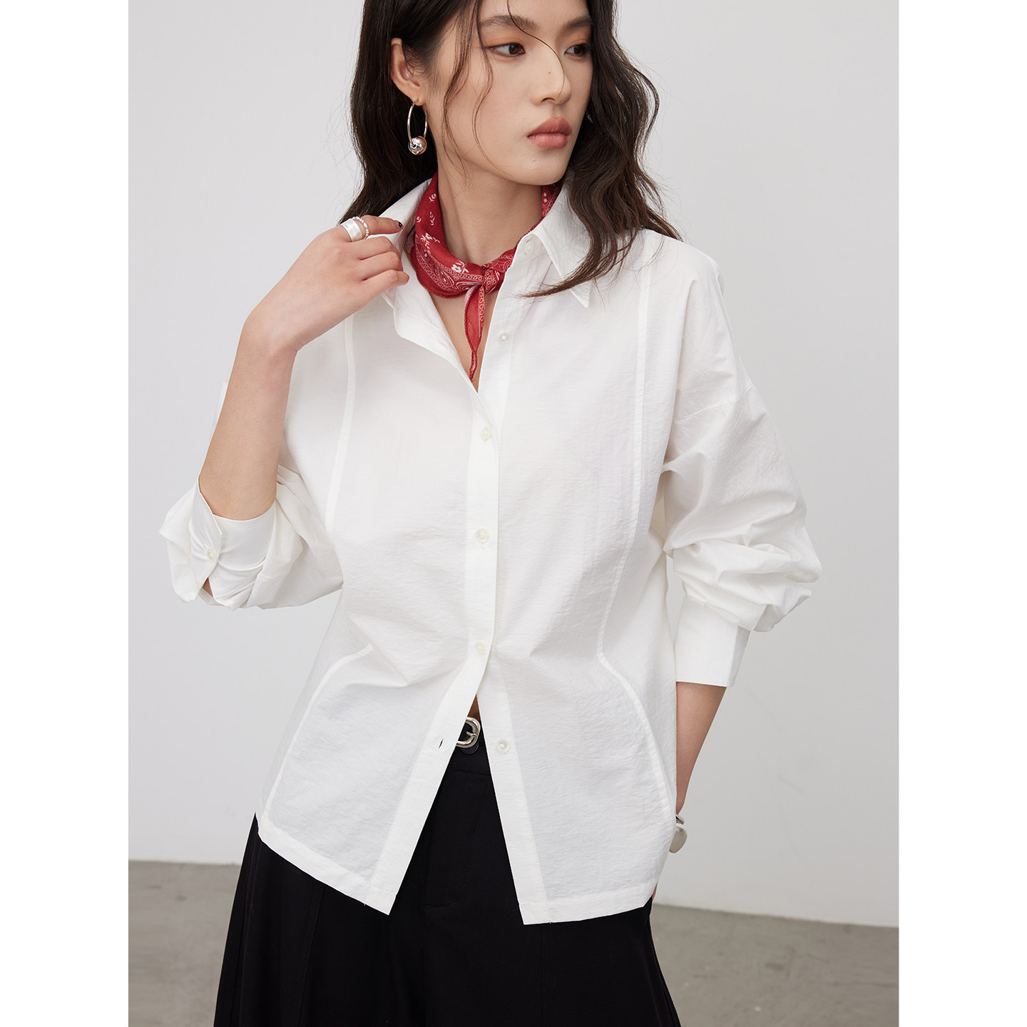 KEARA 白色polo领收腰长袖衬衫女春季设计感通勤百搭衬衣上衣开衫,女装/女士精品,衬衫,淘宝优惠券,粉丝福利购,淘宝优惠卷