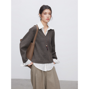 通勤休闲宽松 衬衫 KEARA 韩系氛围感穿搭褐棕色针织上衣假两件长袖