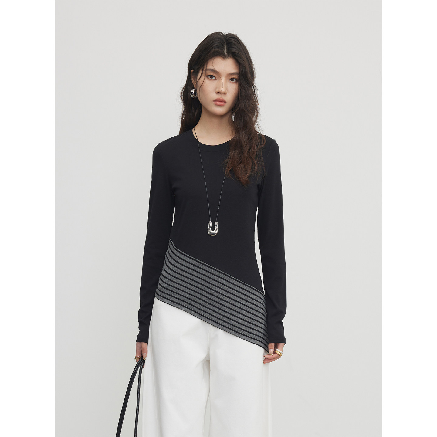 KEARA 小众设计感曜石黑针织拼接条纹针织衫女春通勤气质长袖上衣