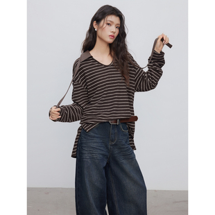 打底衫 KEARA 圆领咖色条纹上衣女休闲宽松长袖 爆款 韩系氛围感冬季