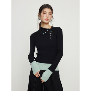 显瘦拼接撞色内搭打底毛衣 女秋冬修身 KEARA 黑色纽扣翻领针织衫