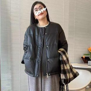 2025冬新款 圆领单排扣超细绵羊皮羽绒服外套潮 真皮羽绒皮衣女短款