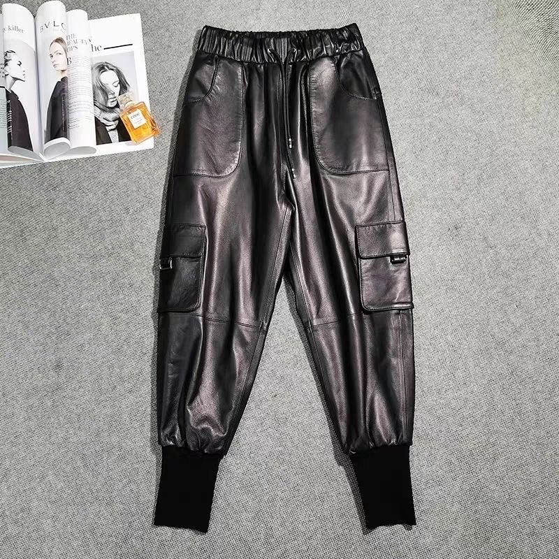 2023秋冬新款真皮皮裤女松紧高腰黑色直筒休闲绵羊皮工装裤