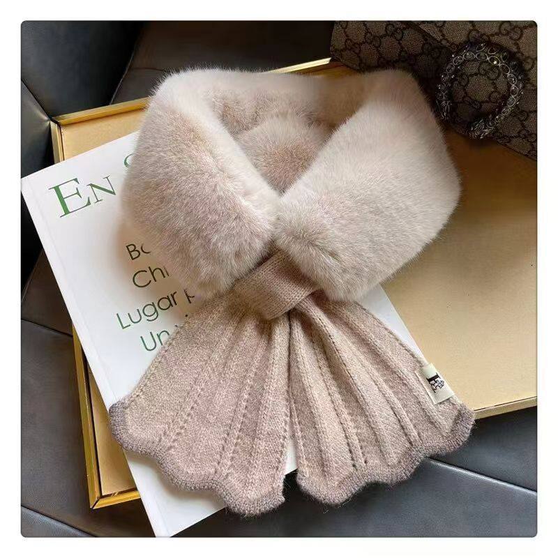 保暖围巾仿韩版秋冬季兔毛毛绒针织毛线毛领子女交叉女加厚毛围脖