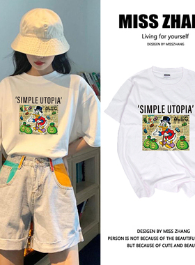 超火cec短袖女夏ins潮新款卡通宽松学生白色t恤百搭纯棉体恤上衣