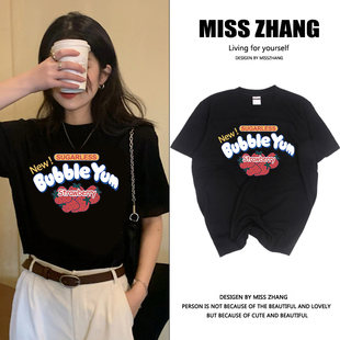 可爱卡通草莓短袖t恤女新款韩版宽松学生BF风闺蜜装夏季黑色上衣