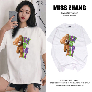 可爱小熊ins超火短袖t恤女韩版宽松大码夏季网红卡通纯棉情侣上衣