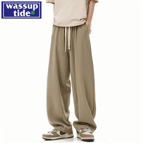 wassup tide咖色休闲直筒冰丝裤子男款夏季薄款潮牌宽松直筒长裤