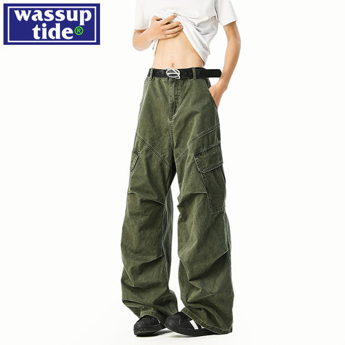 wassup tide伞兵工装水洗裤子男款春季2025潮牌宽松直筒阔腿裤子