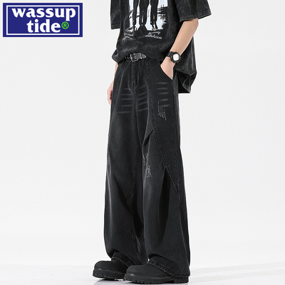 wassup tide猫须复古直筒伞兵牛仔裤男款春季2025阔腿宽松长裤子
