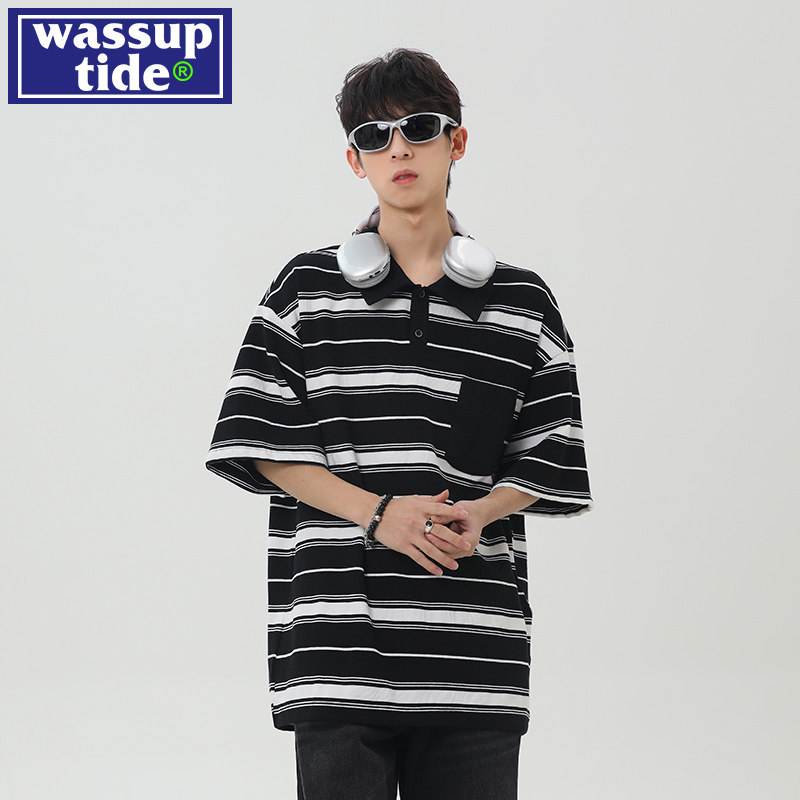 WASSUP tide美式条纹黑色短袖t恤男夏季设计感大口袋休闲五分半袖