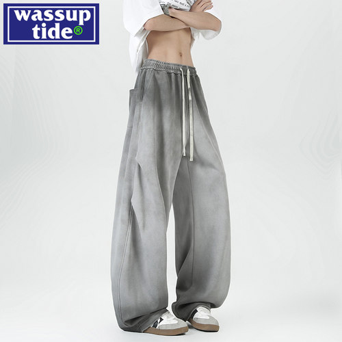 wassup tide做旧扎染渐变弯刀裤男夏季新款潮牌直筒宽松伞兵裤子
