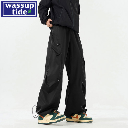 wassup tide潮牌工装伞兵裤子男春夏季直筒宽松阔腿防水铆钉长裤
