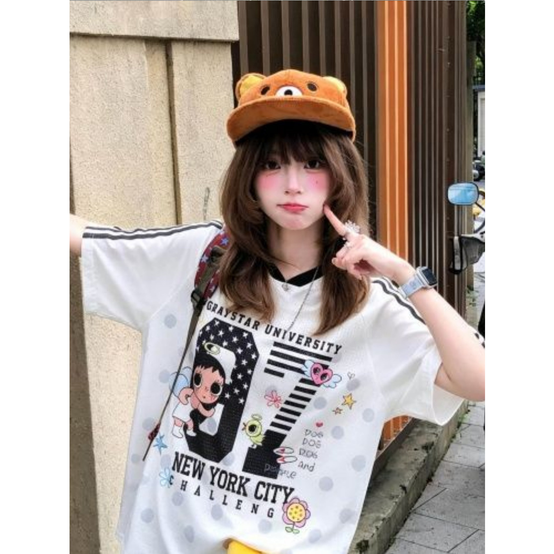 美式复古卡通波点印花v领短袖T恤女潮夏季休闲运动棒球服潮牌上衣