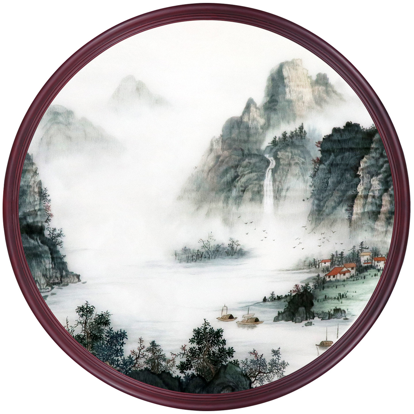 苏绣成品挂画客厅中式古典玄关走廊山水风景装饰圆形纯手工刺绣画