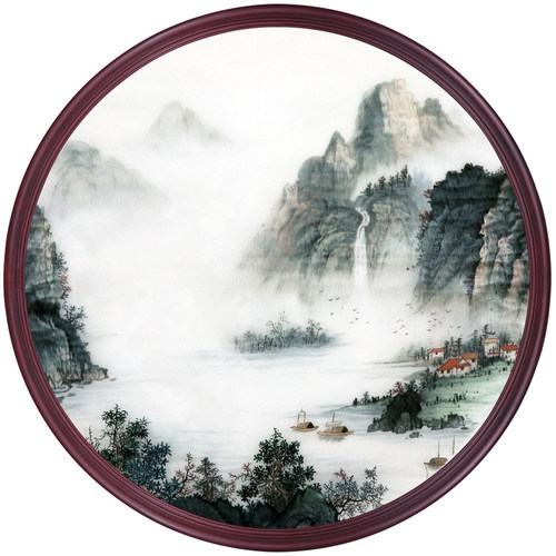 新中式风现代山水画圆形苏绣成品