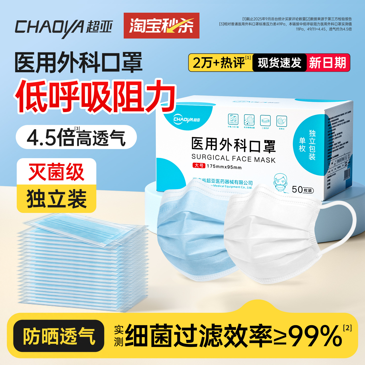 超亚医用外科口罩儿童款一次性医疗成人白色单独包装春夏透气防晒