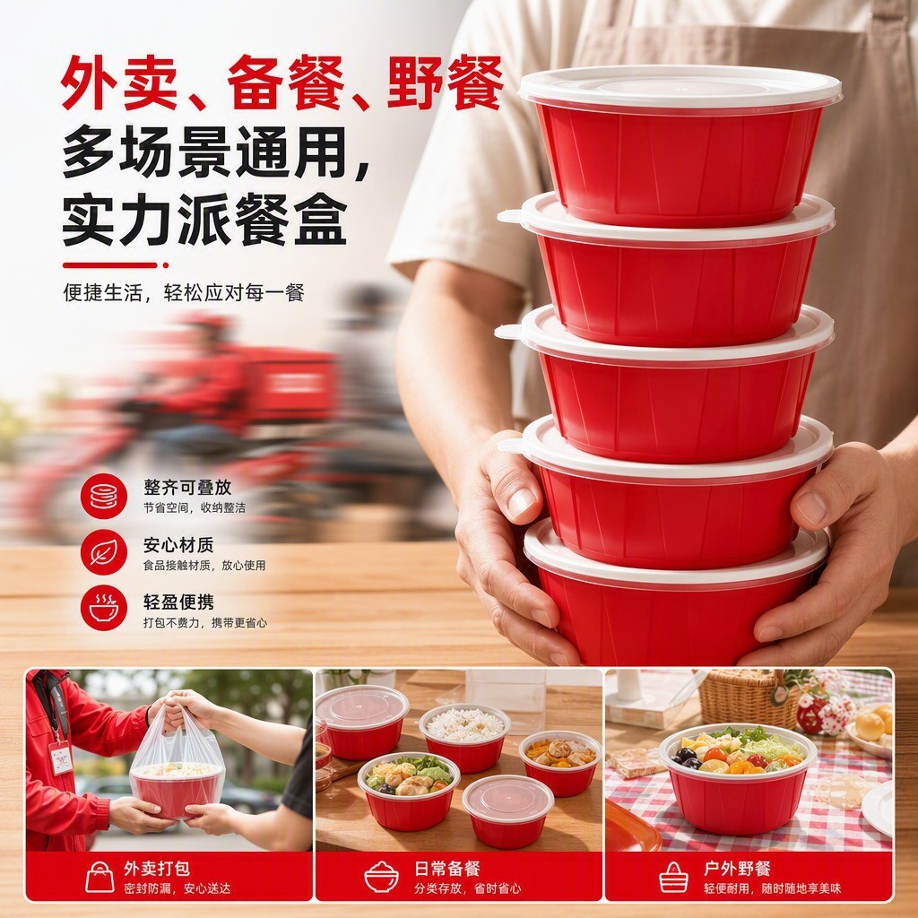 加厚一次性打包盒PP5食品级餐饮家用水果便当快餐盒圆形饭碗带盖图片