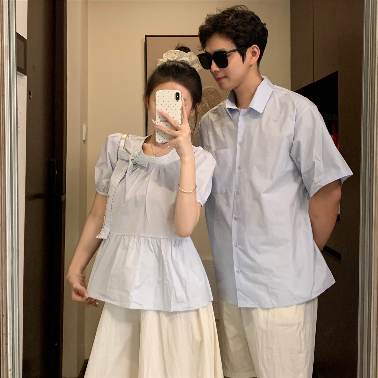 2025款情侣装夏季设计感甜美蝴蝶结简约蓝色短袖衬衫